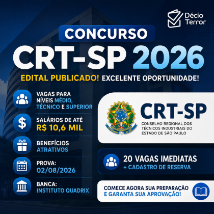 Concurso CRT-SP 2026: edital publicado com salários de até R$ 10,6 mil